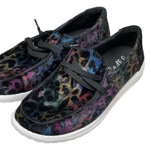 Gypsy Jazz Black Artistic Slip-On Sneakers Rainbow Leopard